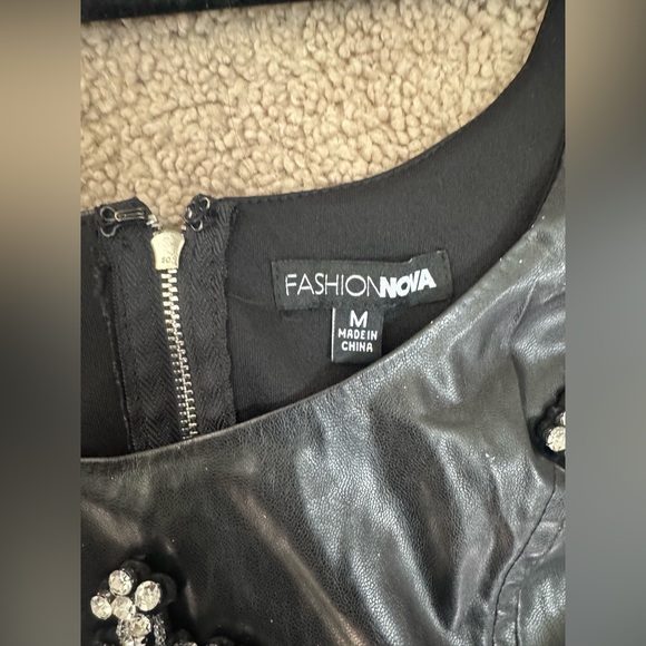 Fashion Nova Faux Leather Rhinestone Crop Top & Flare Pants Set | Black | M - Picture 7 of 15